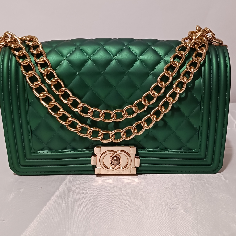 Elegant Emerald Green Quilted Embossed Jelly Shoulder Bag - Picture 2 of 12